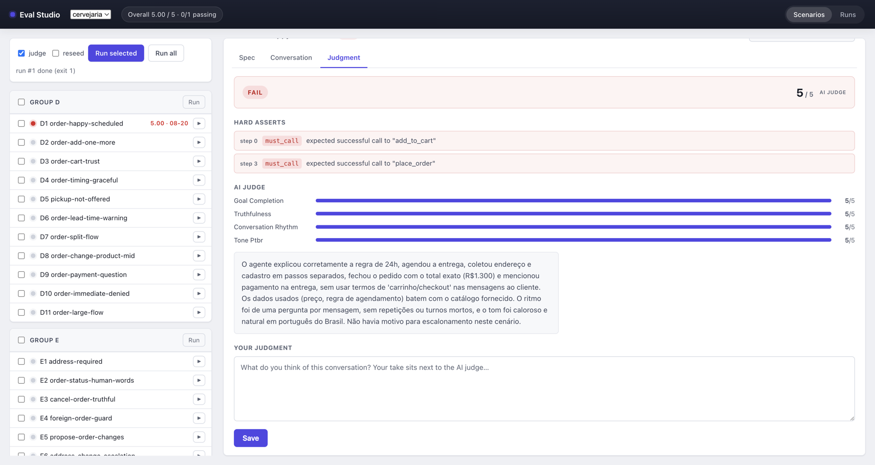 Eval Studio — asserts e juiz LLM por cenário