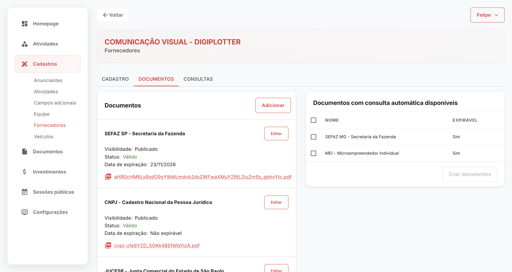 Documentos de um fornecedor